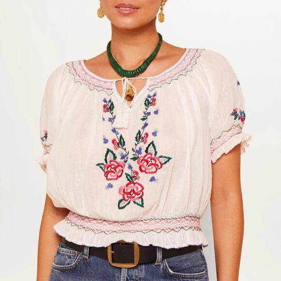 Rixo Phlox Cotton Top Hungarian Rose Embroidery Ivory Peasant Large US 10 - Picture 1 of 10